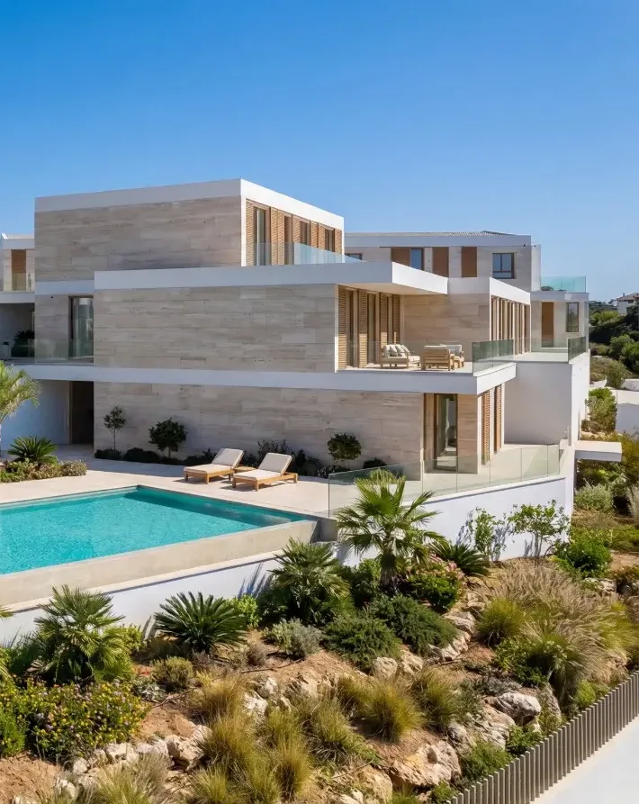 Recreación del hotel proyectado: volúmenes blancos y de piedra escalonados con piscina